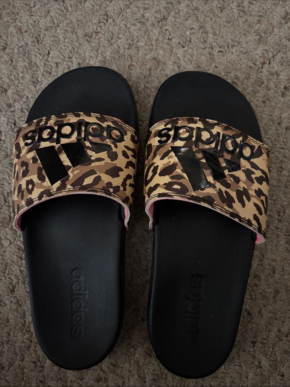 adidas Leopard-Print Slide Sandals in Black and Tan